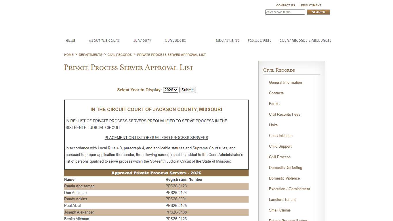 Private Process Server Approval List - 16th Circuit Court of Jackson County, Missouri